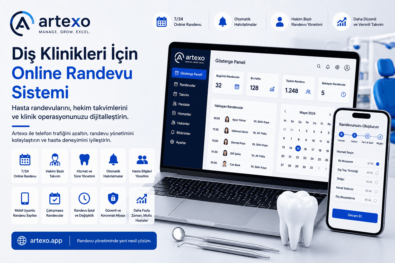 Diş klinikleri için online randevu sistemi ile hasta ve hekim randevu yönetimi