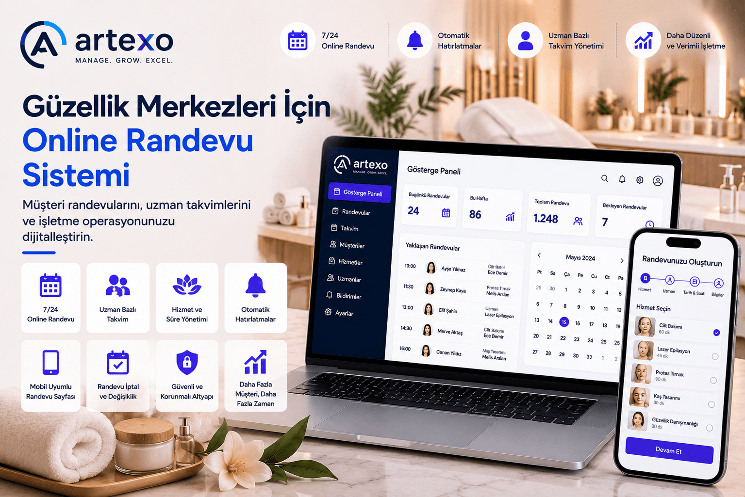 Güzellik merkezleri için online randevu sistemi ile müşteri, uzman ve hizmet yönetimi